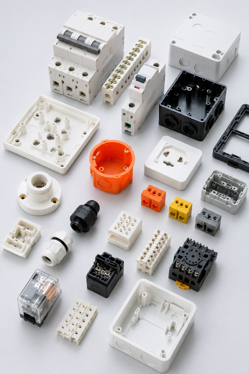 Ankom Enterprises manufacturing precision injection moulded electrical parts including electrical enclosures, switch components, terminal blocks, junction boxes, cable glands, and industrial electrical accessories