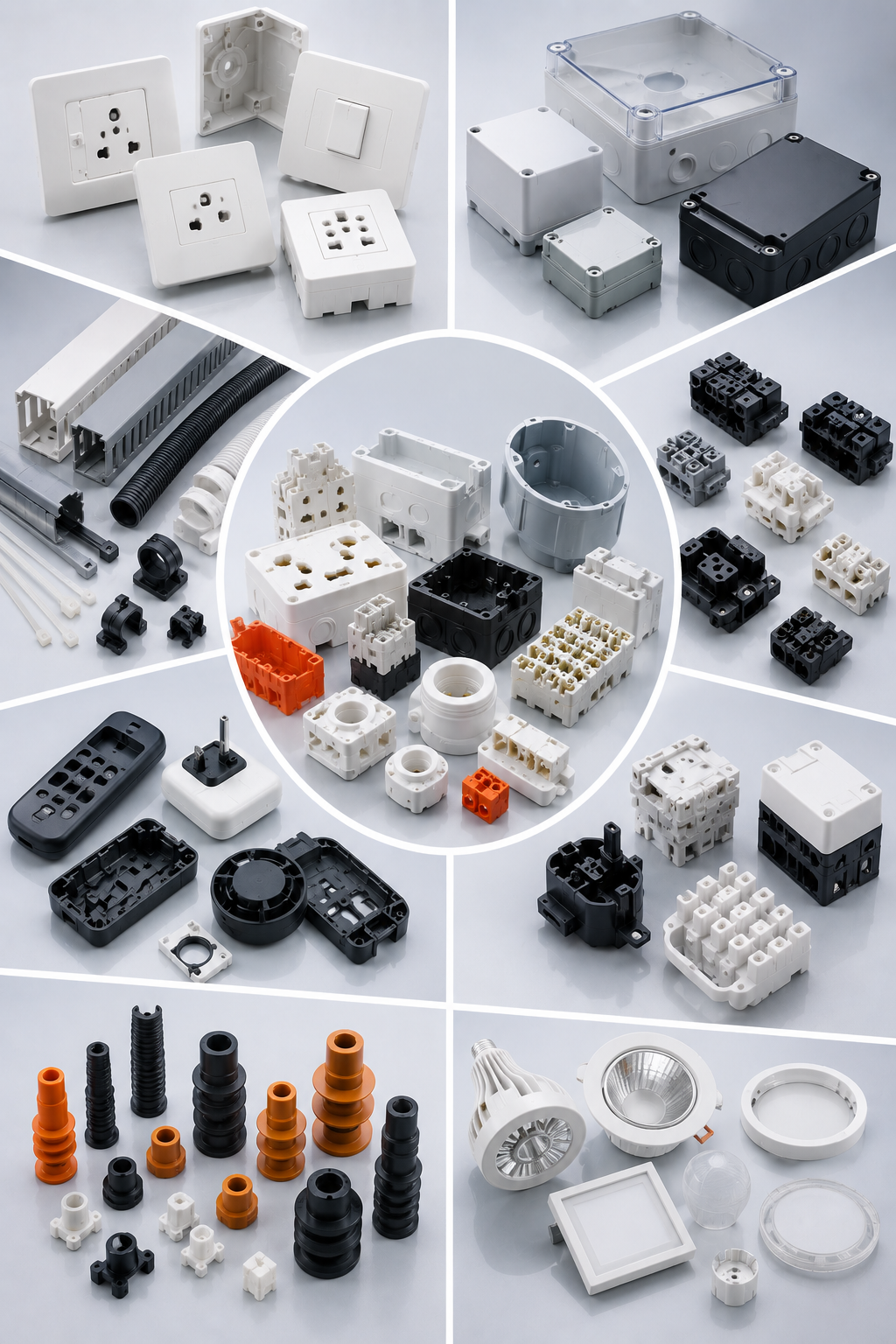 Ankom Enterprises electrical parts manufacturing company producing precision injection moulded electrical enclosures, junction boxes, switch plates, cable glands, terminal connectors, plugs, sockets, and industrial electrical plastic components