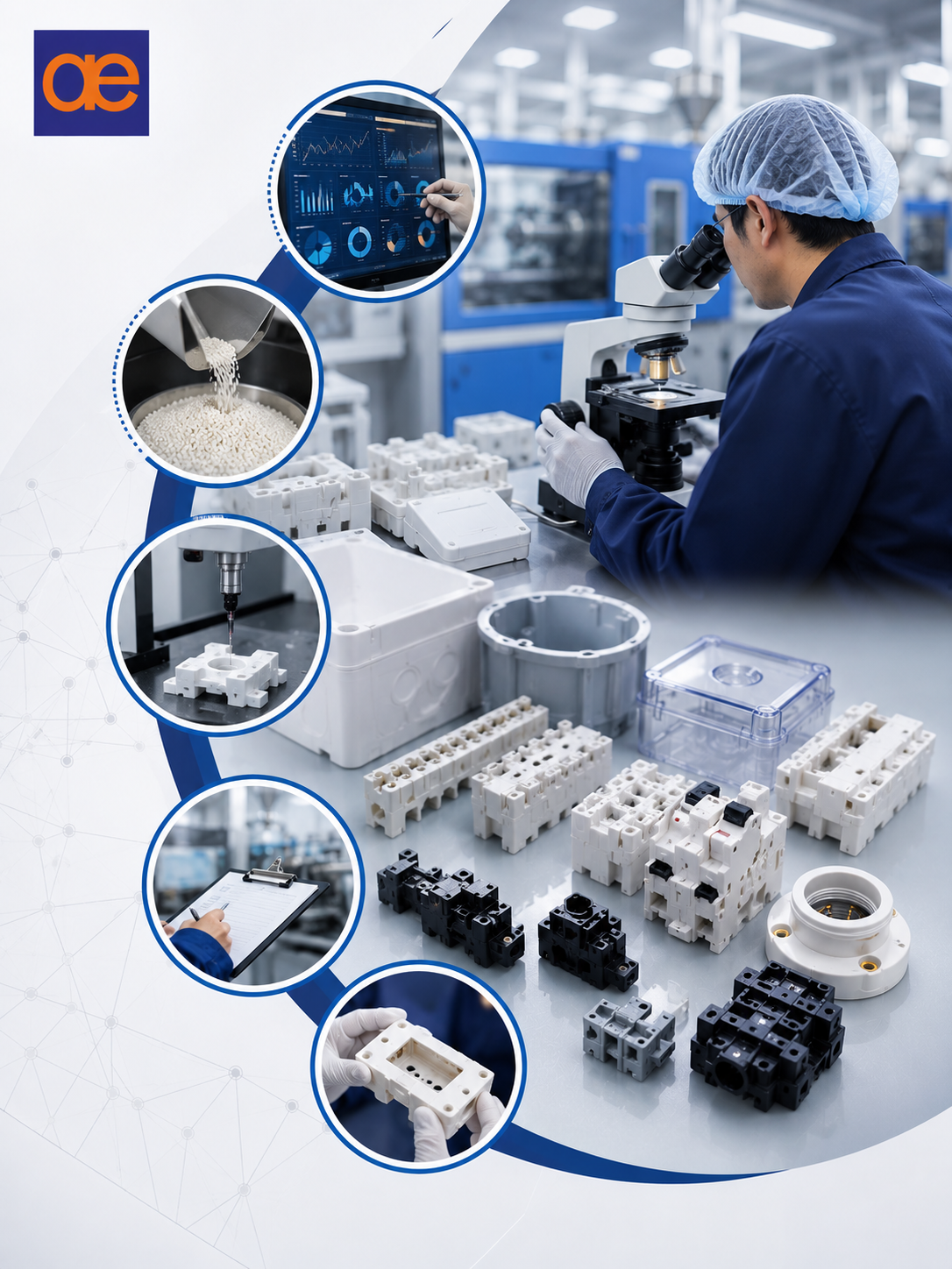 Ankom Enterprises manufacturing precision injection moulded electrical parts with advanced quality inspection, material testing, process validation, and industrial plastic component manufacturing