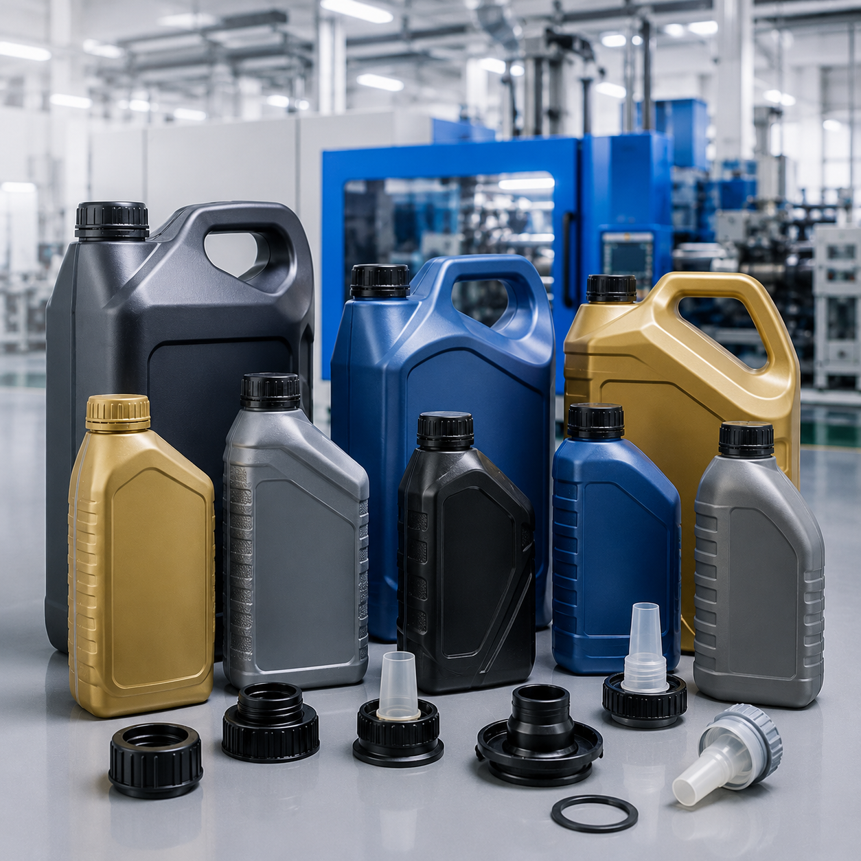 Ankom Enterprises manufacturing precision injection moulded plastic industrial packaging including lubricant bottles, engine oil containers, chemical bottles, HDPE plastic containers, bottle caps, closures, and custom plastic packaging solutions