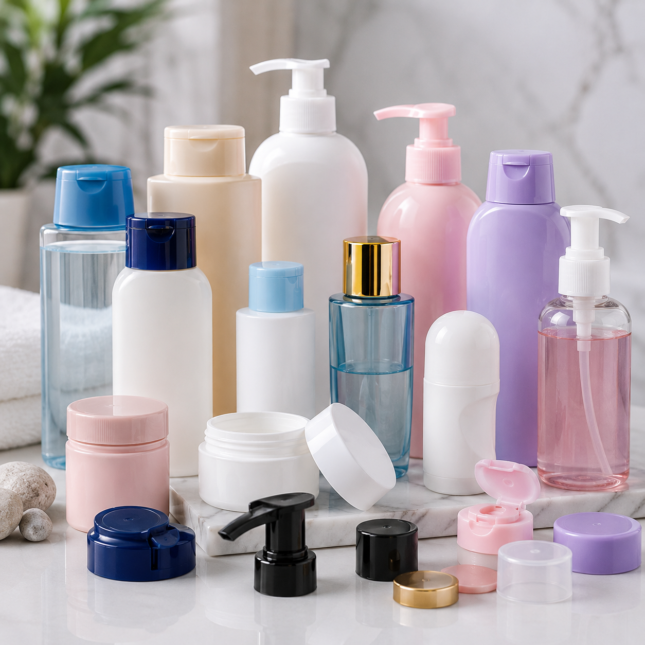 Ankom Enterprises custom cosmetic packaging manufacturing including precision injection moulded plastic bottles, skincare containers, cosmetic jars, lotion pumps, dispenser caps, beauty packaging, and personal care plastic components