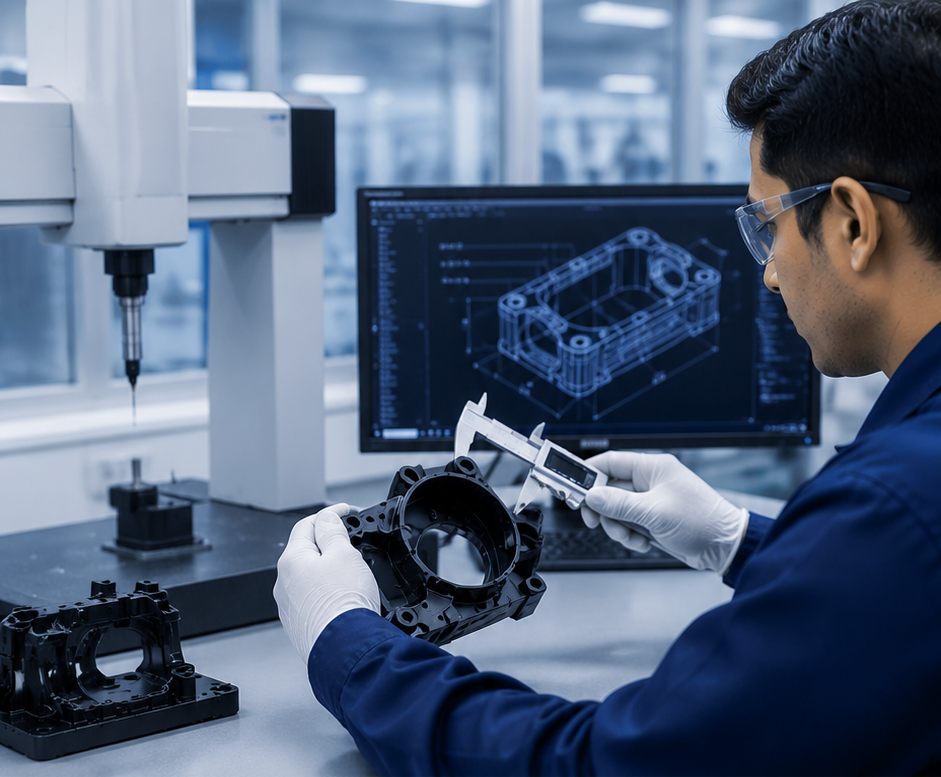 Ankom Enterprises manufacturing precision injection moulded automotive plastic parts with advanced quality inspection, CAD design validation, dimensional measurement, precision engineering, and automotive component manufacturing