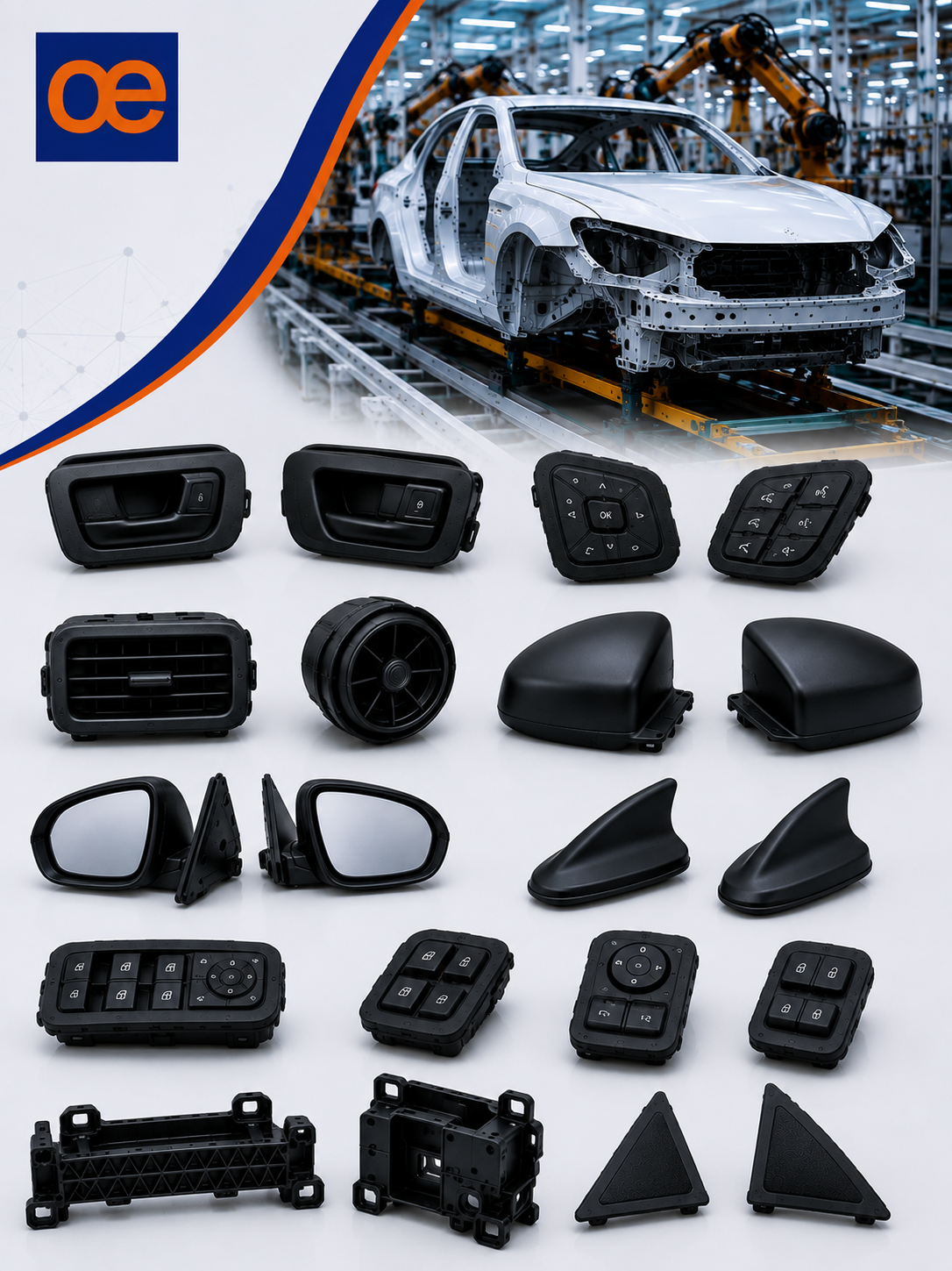Ankom Enterprises manufacturing precision injection moulded automotive plastic parts including dashboard housings, instrument panel components, HVAC air ducts, interior trim panels, control module enclosures, and OEM automotive plastic components